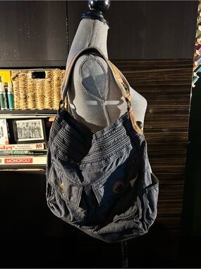 Gap 1969 Denim Blue Cotton Shoulder Bag with Leather Trim